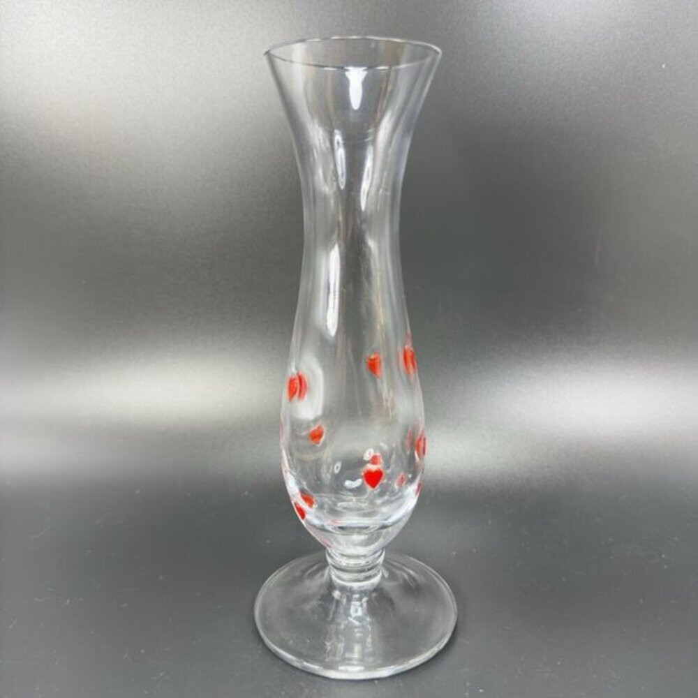 Vintage Clear Glass Vase Vessel‎ Clear Glass With Red Fused Hearts Footed Vase